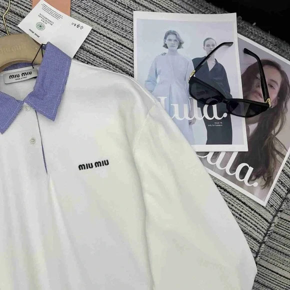 Miu Miu Women's White Long-Sleeve T-Shirt with Collar - Picture 6 of 8